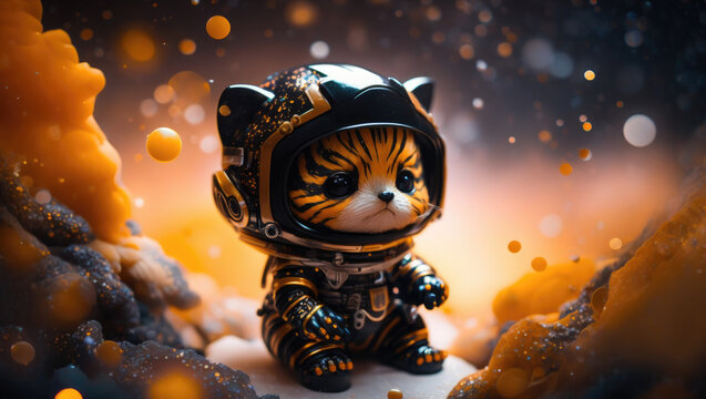 A cute baby tiger astronaut in space with floral and space background. Generative AI technology.