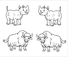 Cute rhinoceros and yak to color in. Vector template for a coloring book with funny animals. Coloring template for kids.