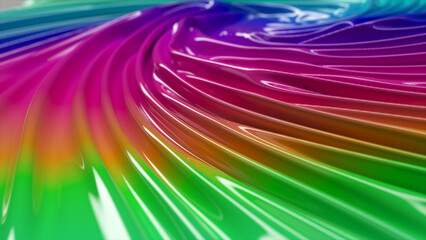 The iridescent glossy surface is covered with wedges. Whirlpool. Liquid rainbow. Multicolored background. Illustration.