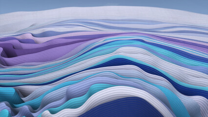 Multi-colored ribbons sway in wave-like movements. Fabric folds. Blue, white, purple, color. Slow motion. 3d illustration