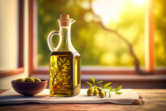 A glass bottle of golden olive oil glistens on a sleek kitchen counter, inviting the viewer to imagine its rich flavor and health benefits. AI generative