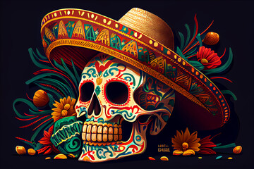 Cinco de Mayo / Day of the Dead Mexican Skull Mascot,  Generative AI
