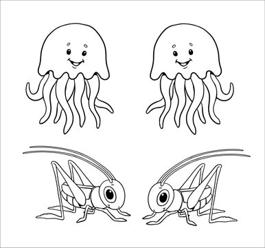 Cute jellyfish and grasshopper to color in. Vector template for a coloring book with funny animals. Coloring template for kids.	
