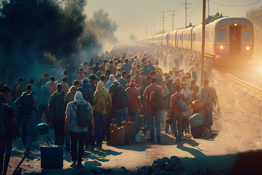Crowd of refugee people goes rail road train in a line and a humanitarian disaster zone to cross the border into another country. Generative AI