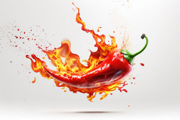 Red hot spicy pepper with fire flames as mexican food background, isolated on white. AI generative - obrazy, fototapety, plakaty