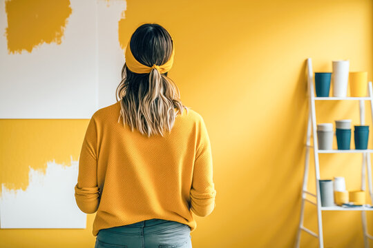 Rear view of a girl painting wall of her living room with bright yellow color. Art and renovation concept. AI generative