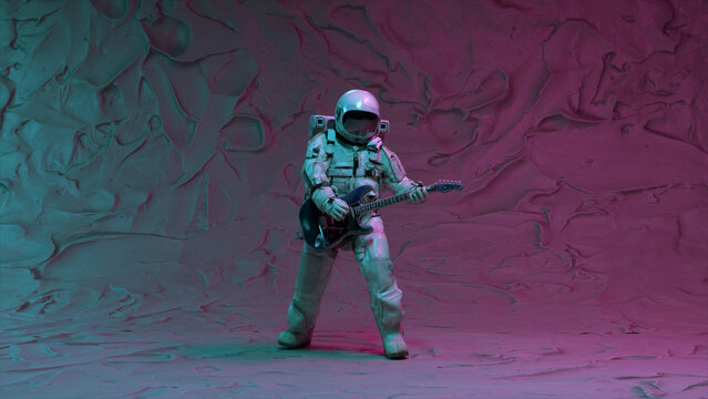 Space concept. A man in an astronaut costume plays the guitar against the background of neon lights. Performance.