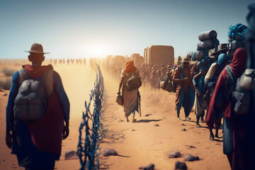 Crowd of refugee people goes in a line and a humanitarian disaster zone to cross the border into another country. Generative AI - obrazy, fototapety, plakaty