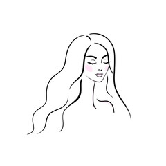 Beautiful linear woman with long hair. Stock vector illustration, logo.