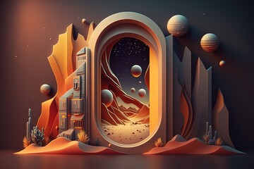 3D illustration of door through futuristic desert. Generative AI