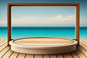 Fototapeta premium Empty wooden table top product display showcase stage with sea background. Generative AI