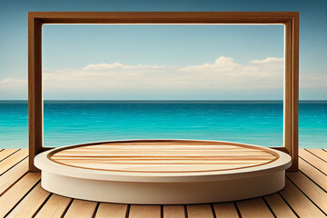 Empty wooden table top product display showcase stage with sea background. Generative AI