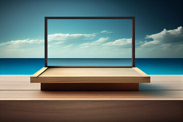 Fototapeta premium Empty wooden table top product display showcase stage with sea background. Generative AI