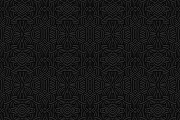 Embossed black background, cover design. Geometric decorative 3D pattern, press paper, leather. Ornaments handmade East, Asia, India, Mexico, Aztecs, Peru. Ethnic boho motifs, hot topics.