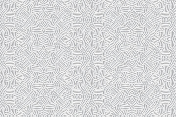 Embossed white background, cover design. Geometric abstract 3D pattern, press paper, leather. Ornaments handmade East, Asia, India, Mexico, Aztecs, Peru. Ethnic boho motifs, hot topics.