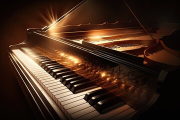 Piano closeup with white and black keys in warm lighting. AI-generated.