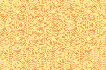 Embossed yellow background, cover design. Geometric trendy 3D pattern, press paper. Ornaments handmade East, Asia, India, Mexico, Aztecs, Peru. Ethnic boho motifs, hot topics.