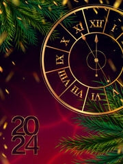 The advent of the New Year 2024 - Stylized clock, fir branches and flying gold foil. Five minutes to midnight. Festive bright banner, cover, postcard or web post