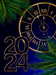 The advent of the New Year 2024 - Stylized clock and fir branches. Five minutes to midnight. Festive bright blue banner, cover, postcard or web post