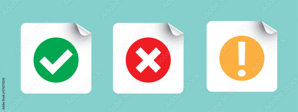 Poster set of white cross and check mark icons, flat square buttons. vector eps10