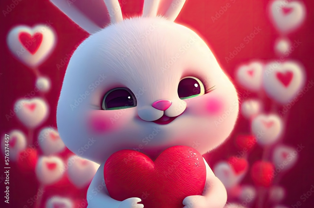 Poster nunny rabbit with red heart background generative ai