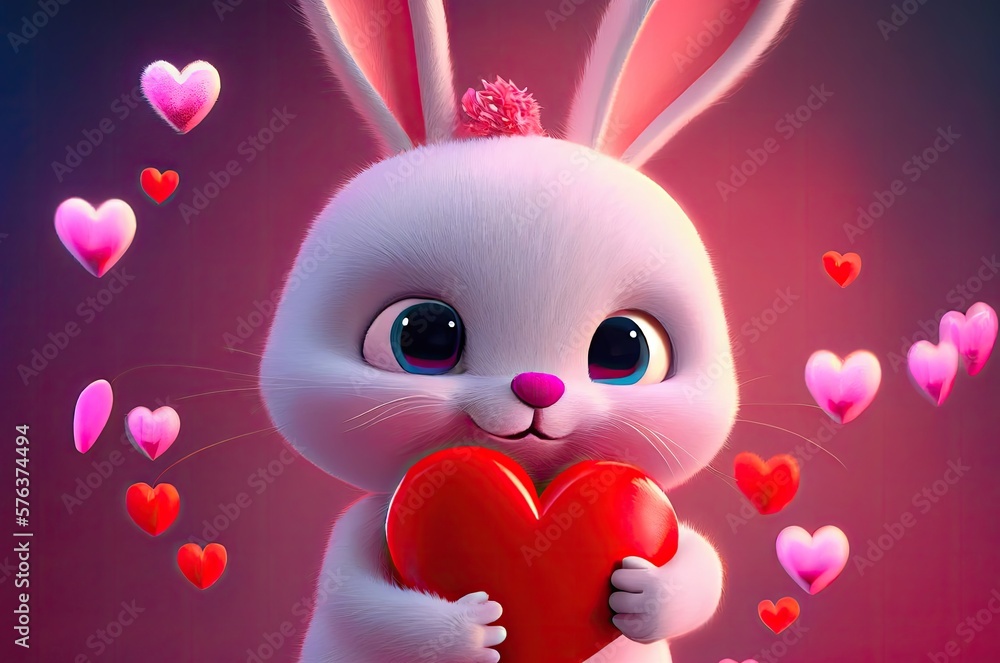 Poster bunny rabbit with hearts background generative ai