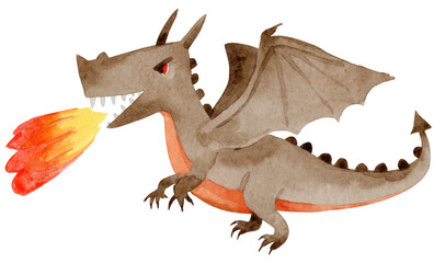 Fototapeta premium Watercolor illustration of a giant evil dragon spewing fire in cartoon style