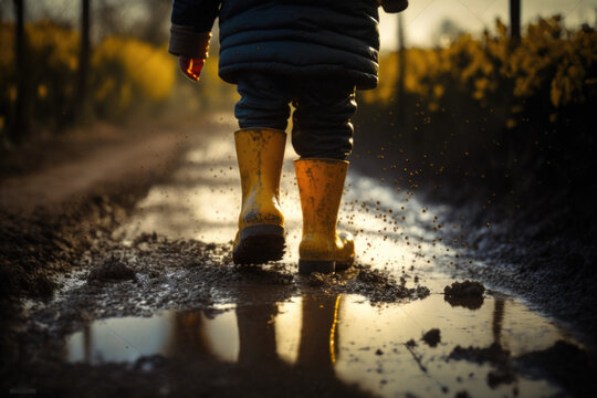 The Adventures of a Child in Yellow Wellies Navigating a Muddy Path AI Generative