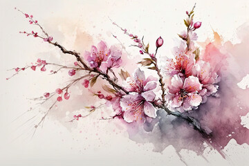 Obraz na płótnie Canvas Blooming branch of pink cherry flowers, sakura in a watercolor style, generative AI
