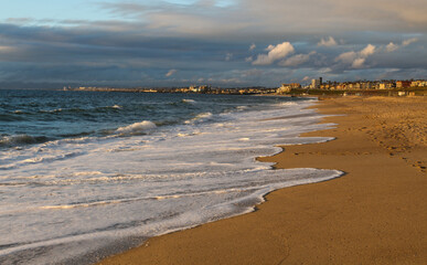 Warm Evening Winter Light and Big Waves on the Shoreline of Redondo Beach, Los Angeles County, California