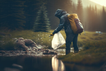 Protecting Our Planet: Environmental Conservation Photos Featuring People Picking Up Litter from the Ground and Nature AI Generative