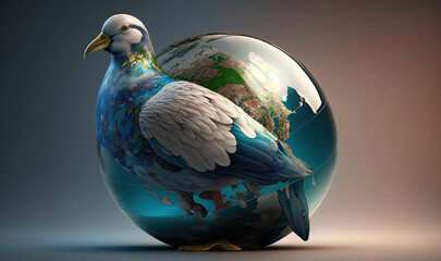  a bird sitting on top of a glass ball with a map of the world in it.  generative ai