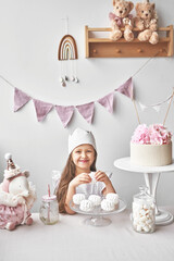 Fototapeta na wymiar Happy birthday girl. Candy bar. Party decor and decorations. Cake and sweets