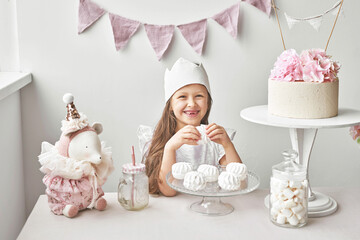 Happy birthday girl. Candy bar. Party decor and decorations. Cake and sweets