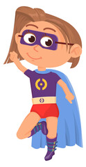 Boy in superhero pose wearing party costume. Happy kid in cape