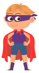 Boy in superhero pose and party costume. Happy cartoon kid