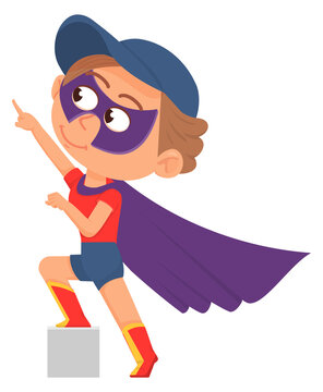 Funny superhero kid character. Boy in party costume