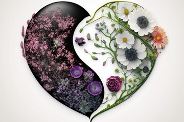 A bouquet of flowers in the shape of a heart yin yang. Romantic gift on a white background.