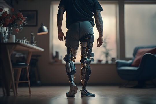 Man in modern prostheses of both legs stands in a room, the future of robotic biomechanics. Generative AI