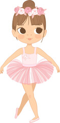 Cute Brown Hair Ballerina Girl Dancing. Little Caucasian Girl in Pink Tutu Dress and Pointe. Vector,