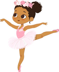 Cute Ballerina Girl Dancing. Little Ballerina in a Pink Tutu Dress and Rose Flowers Wreath. Adorable African American Girl in a pastel pink dress. Isolated