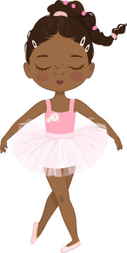 Cute Ballerina Girl Dancing. Little Ballerina in a Pink Tutu Dress and Rose Flowers Wreath. Adorable African American Girl in a pastel pink dress. Isolated