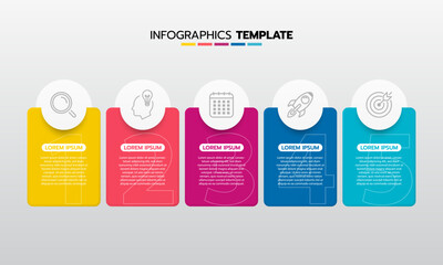 Business infographic template process with simple geometry square, rectangle, circle, triangle, curves in flat design template with thin line icons and 5 options or steps. Vector illustration.