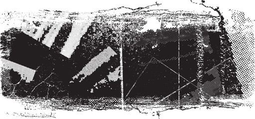 Glitch distorted geometric shape . Noise destroyed logo . Trendy defect error shapes . Glitched frame .Grunge textured . Distressed effect .Vector shapes with a halftone dots screen print texture.