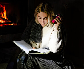 A couple in love at home during a power outage. Blackout, no electricity