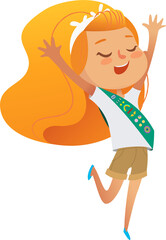 Scout Girl in a Sash Happily Jumping. Junior Scout Girl Illustration