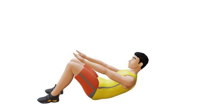 Man Character doing Abdominal Crunch. Abs and stomach workout in 3d animation and illustration. Perfect for fitness themed productions, healthy, diet, weight loss, abdominal crunch exercise. 3D Render