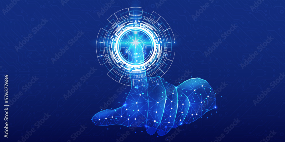 Aufkleber Low poly hand wireframe use finger pushing hud circle element data system. Digital futuristic concept of identification security scanning application vector.