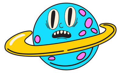 Comic space planet with funny face. Cartoon character