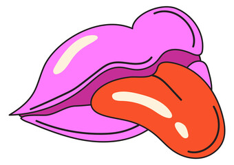 Female mouth sticker. Comic woman lips with tongue out